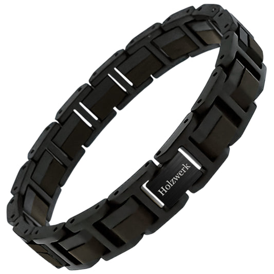 Holzwerk Tiefsee Armband aus Ebonyholz und Edelstahl in Schwarz und Dunkelbraun mit Gliederdesign und Klappverschluss, Frontal