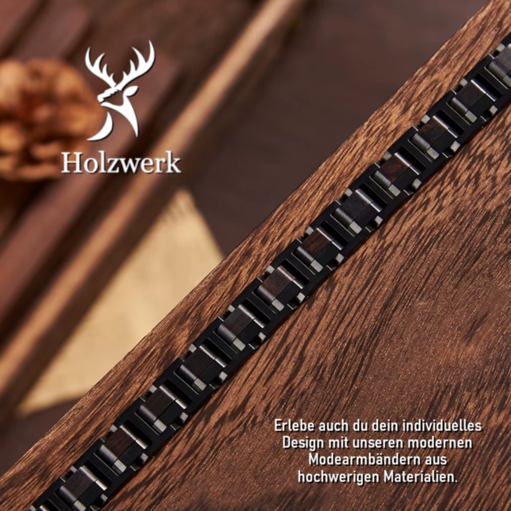 Detailaufnahme des Holzwerk TIEFSEE Armbands aus Ebonyholz und Edelstahl in Schwarz und Braun mit Gliederdesign 