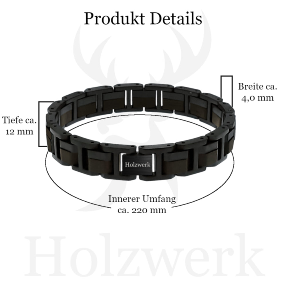 Holzwerk Tiefsee Armband aus Ebonyholz und Edelstahl in Schwarz und Dunkelbraun mit Maßangaben
