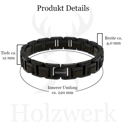 Holzwerk Tiefsee Armband aus Ebonyholz und Edelstahl in Schwarz und Dunkelbraun mit Maßangaben