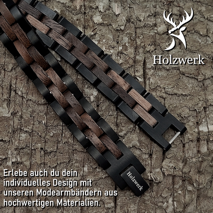Holzwerk TREIBSEE schwarz-braunes  Holz Armband aus Walnussholz und Edelstahl, Detailansicht des Armbands
