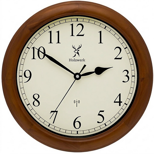 Holzwerk TRIBERG (FUNK) 35 cm robuste Holz-Funk Wanduhr aus Vollholz in beige und braun mit großen Ziffern in der Frontansicht