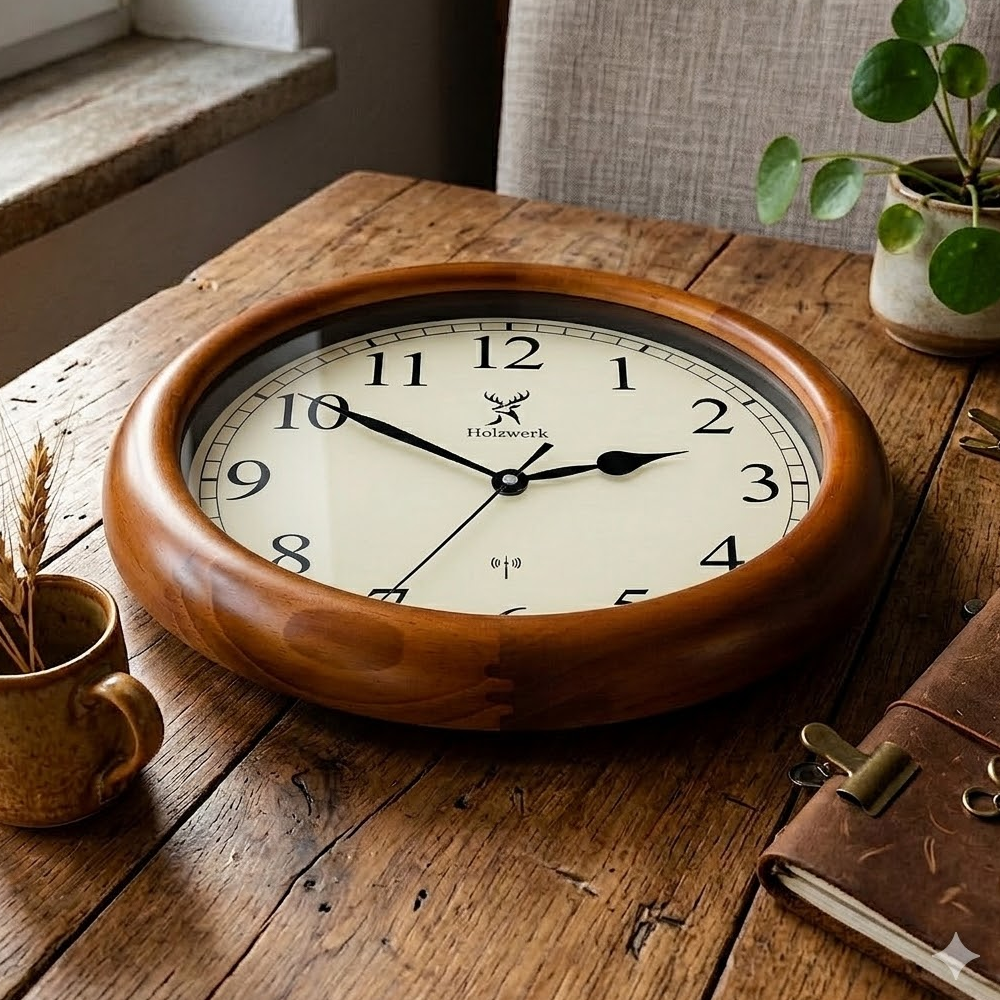 Holzwerk TRIBERG (FUNK) 35 cm robuste Holz-Funk Wanduhr aus Vollholz in beige und braun, schräge Untersicht