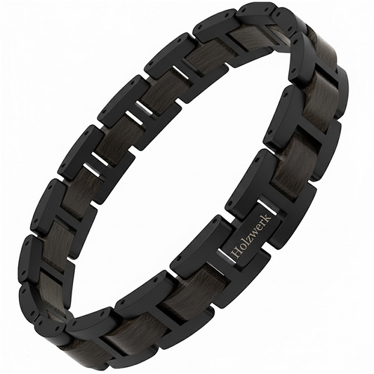 Holzwerk UNTERSEE schwarzes  Holz Armband aus Ebonyholz und Edelstahl mit Gliederkonstruktion Frontansicht