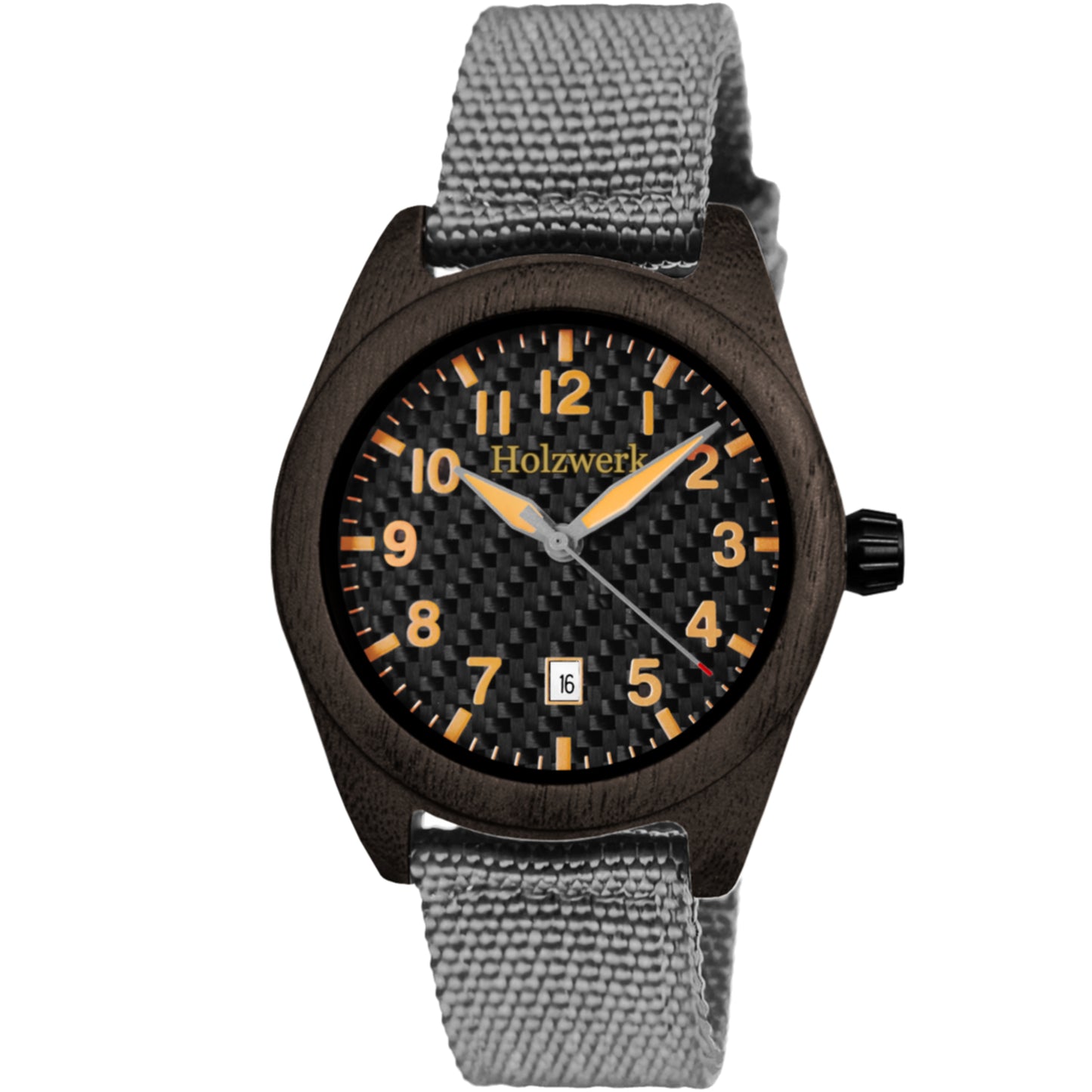 Holzwerk USEDOM Unisex Uhr aus Holz mit schwarzem Zifferblatt, Datumsanzeige und grauem Textil-Nylonarmband, Frontansicht