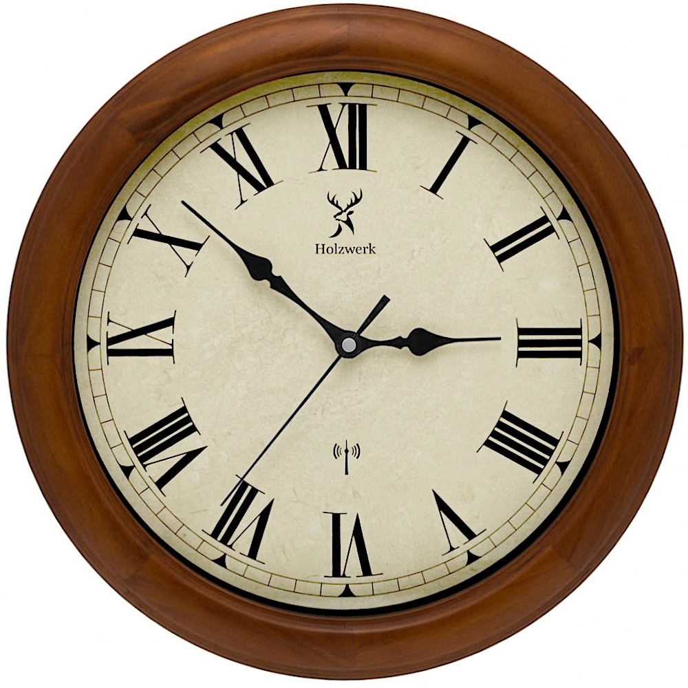 Holzwerk VELBURG (FUNK) 35 cm robuste Holz-Funk Wanduhr aus Vollholz in beige und braun mit römischen Ziffern in der Frontansicht