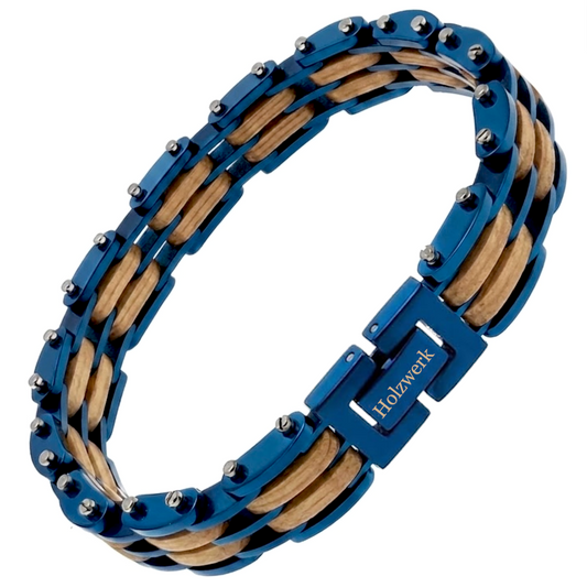 Holzwerk VILLESEE  blau-beiges Holz Armband aus Olivenholz und Edelstahl mit Gliederkonstruktion, Frontansicht