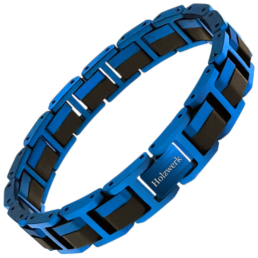 Holzwerk WEITSEE Armband aus Ebonyholz und Edelstahl in Blau und Dunkelbraun mit Gliederdesign und Klappverschluss, Frontal