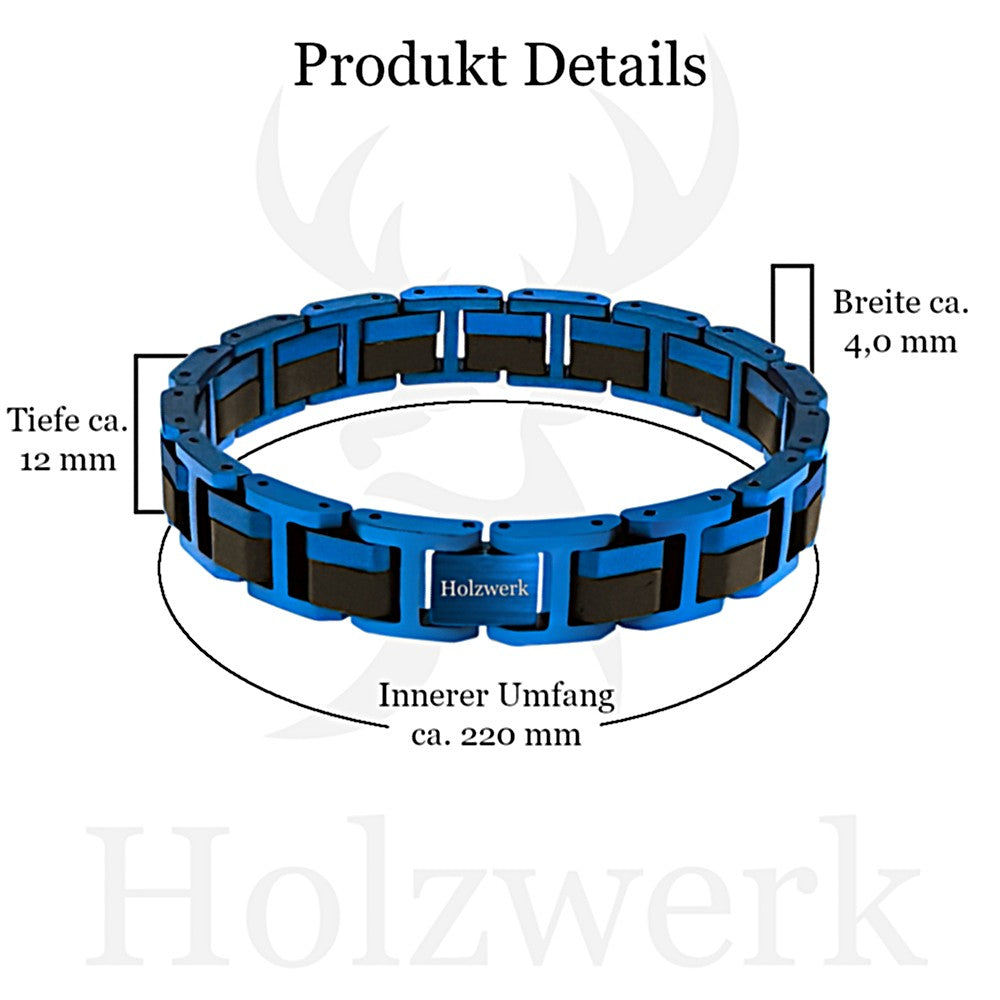 Holzwerk WEITSEE Armband aus Ebonyholz und Edelstahl in Blau und Dunkelbraun mit Maßangaben