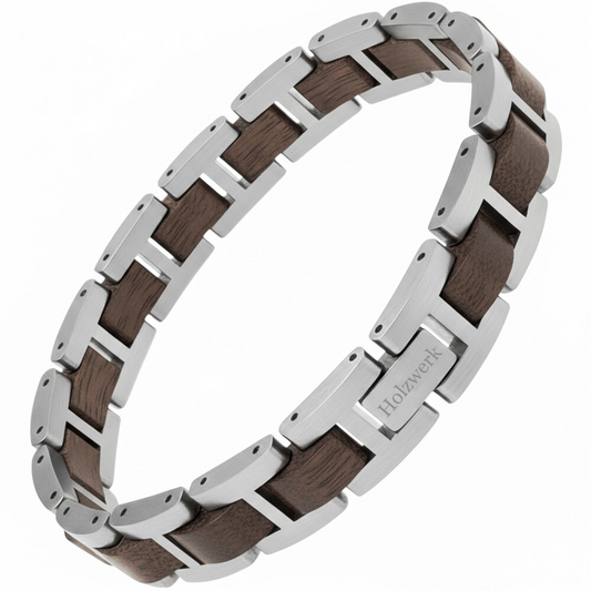Holzwerk WERLSEE silber & braunes Holz Armband aus Walnussholz und Edelstahl mit Gliederkonstruktion Frontansicht