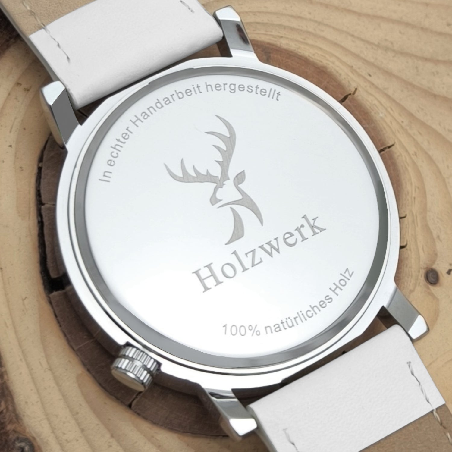 Holzwerk WEYHE Leder & Edelstahl Datum Holz Uhr in weiss, silber, Gehäusebodenl