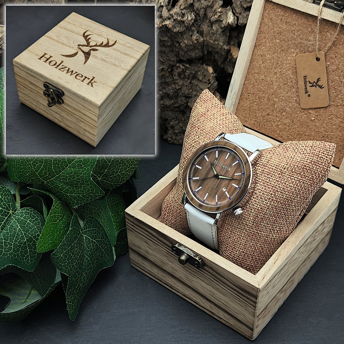 Holzwerk WEYHE Leder & Edelstahl Datum Holz Uhr in weiss, silber, Uhrenbox