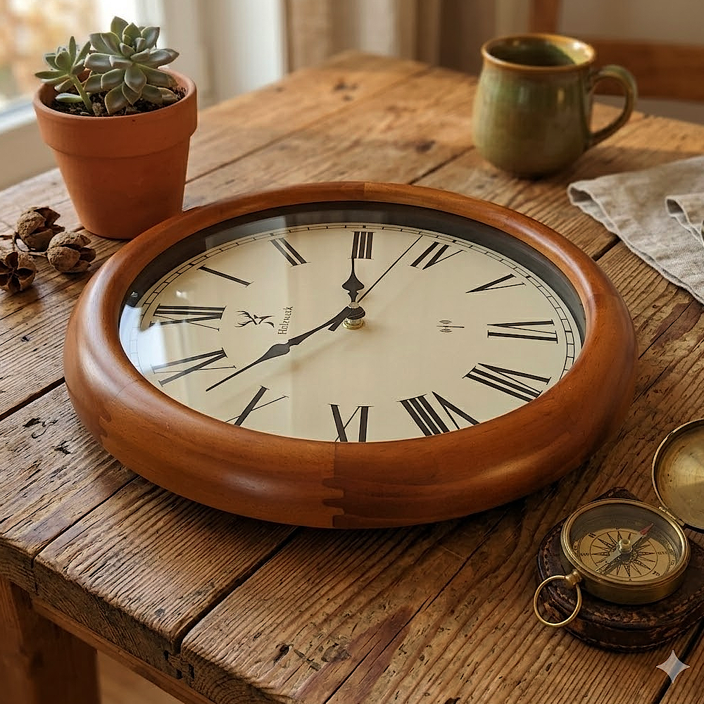 Holzwerk WILDBERG (FUNK) 35 cm robuste Holz-Funk Wanduhr in Beige und Braun aus Vollholz, Seitenansicht links