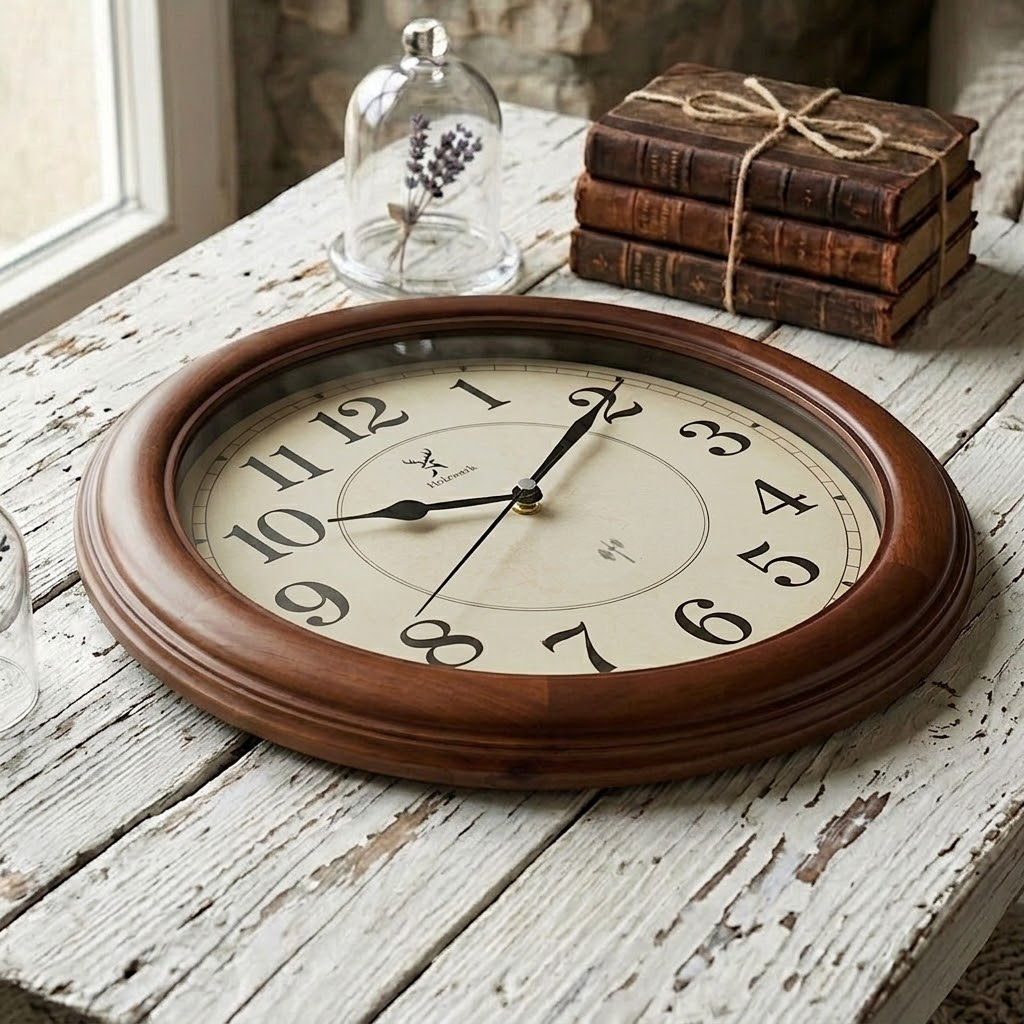 Holzwerk WITTENBURG (FUNK) 35 cm robuste vintage Holz-Funk Wanduhr aus Vollholz in Beige und Braun, platziert auf Holz