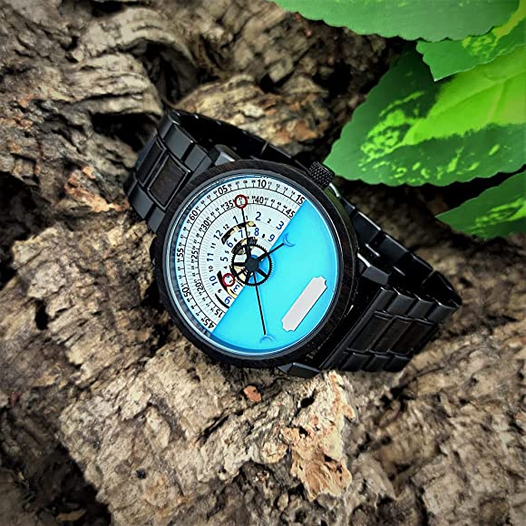 Holzwerk CHAM Automatik-Uhr in anthrazit-schwarz mit Holzring, weiß-hellblauem Ziffernblatt mit offener Unruhe, Seitenlage links