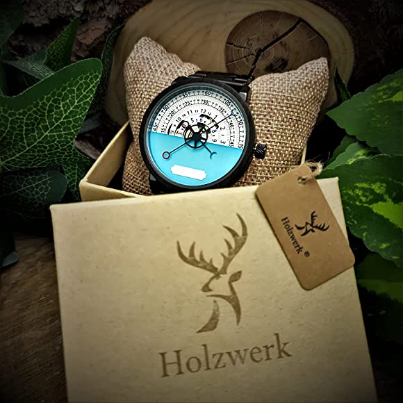 Holzwerk CHAM Automatik-Uhr in anthrazit-schwarz mit Holzring, weiß-hellblauem Ziffernblatt mit offener Unruhe in Holzwerk Verpackung