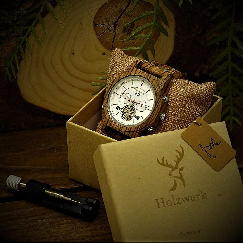 Holzwerk DEIDESHEIM Automatik-Uhr mit offener Unruhe und Anzeige für Datum, Wochentag und Monat in Holzwerk Uhrenbox