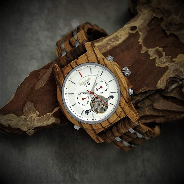 Holzwerk DEIDESHEIM Automatik-Uhr mit offener Unruhe und Anzeige für Datum, Wochentag und Monat, Seitenlage links