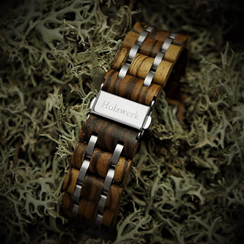 Holzwerk DEIDESHEIM Automatik-Uhr mit offener Unruhe und Anzeige für Datum, Wochentag und Monat, Detailansicht des Armbands