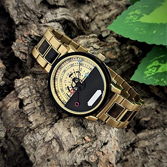 Holzwerk HERNE Automatik-Uhr in gold-schwarz mit Holzring, schwarz-goldenem Ziffernblatt mit offener Unruhe, Seitenlage links