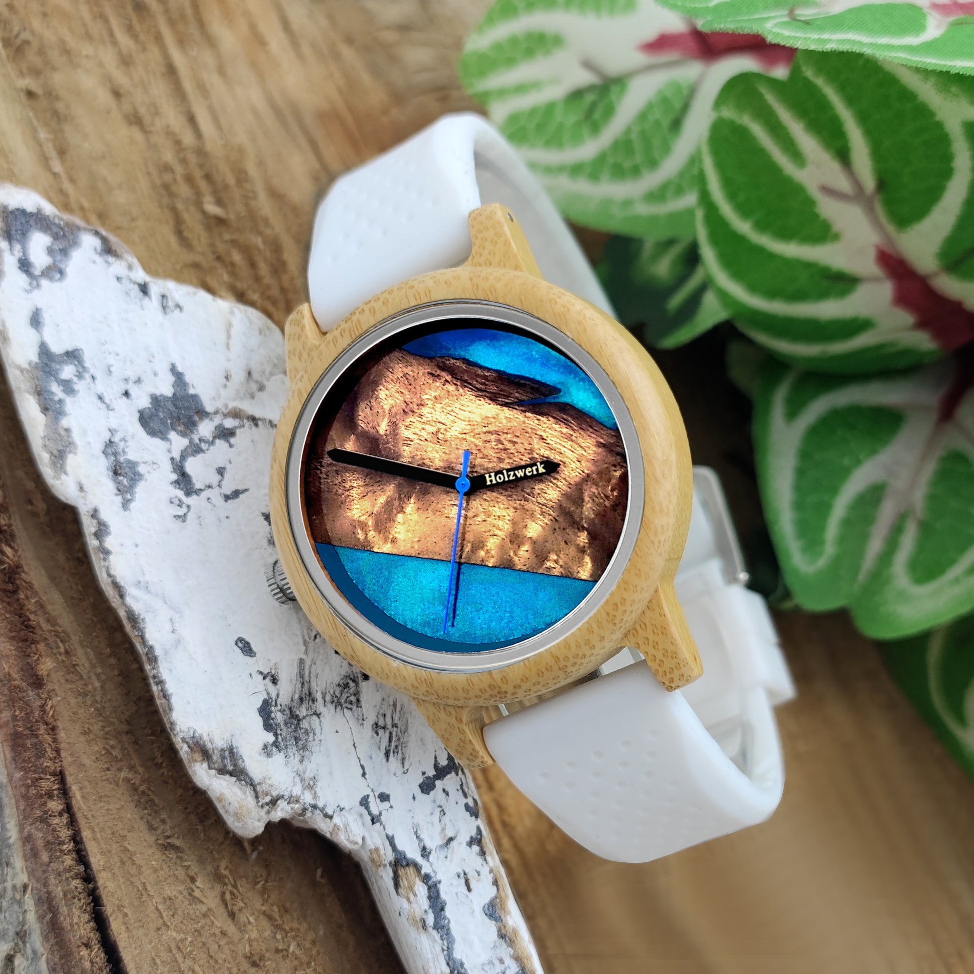 Holzwerk Damen & Herren Holzuhr Holz Silikon Epoxidharz Uhr Beige Türkis Weiß